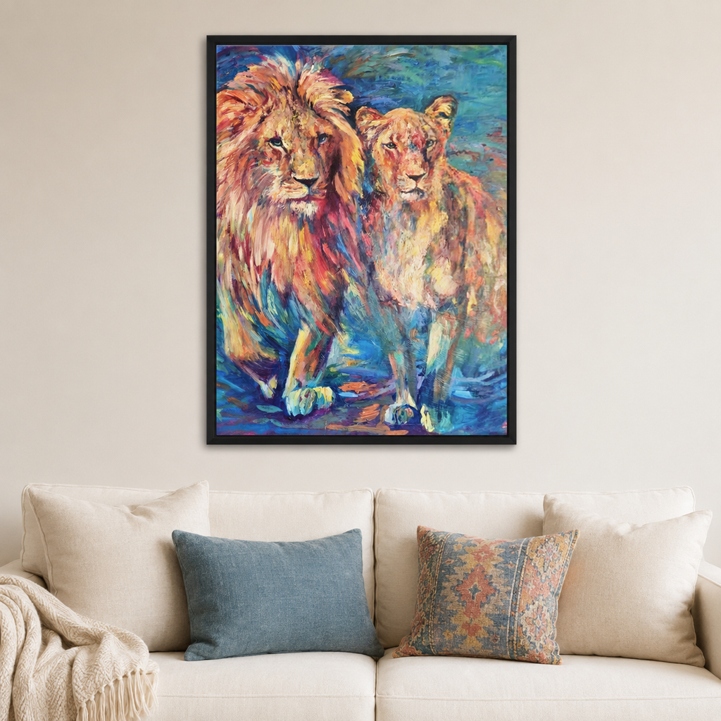 Shared Horizon - Lion Pair Framed Canvas Print