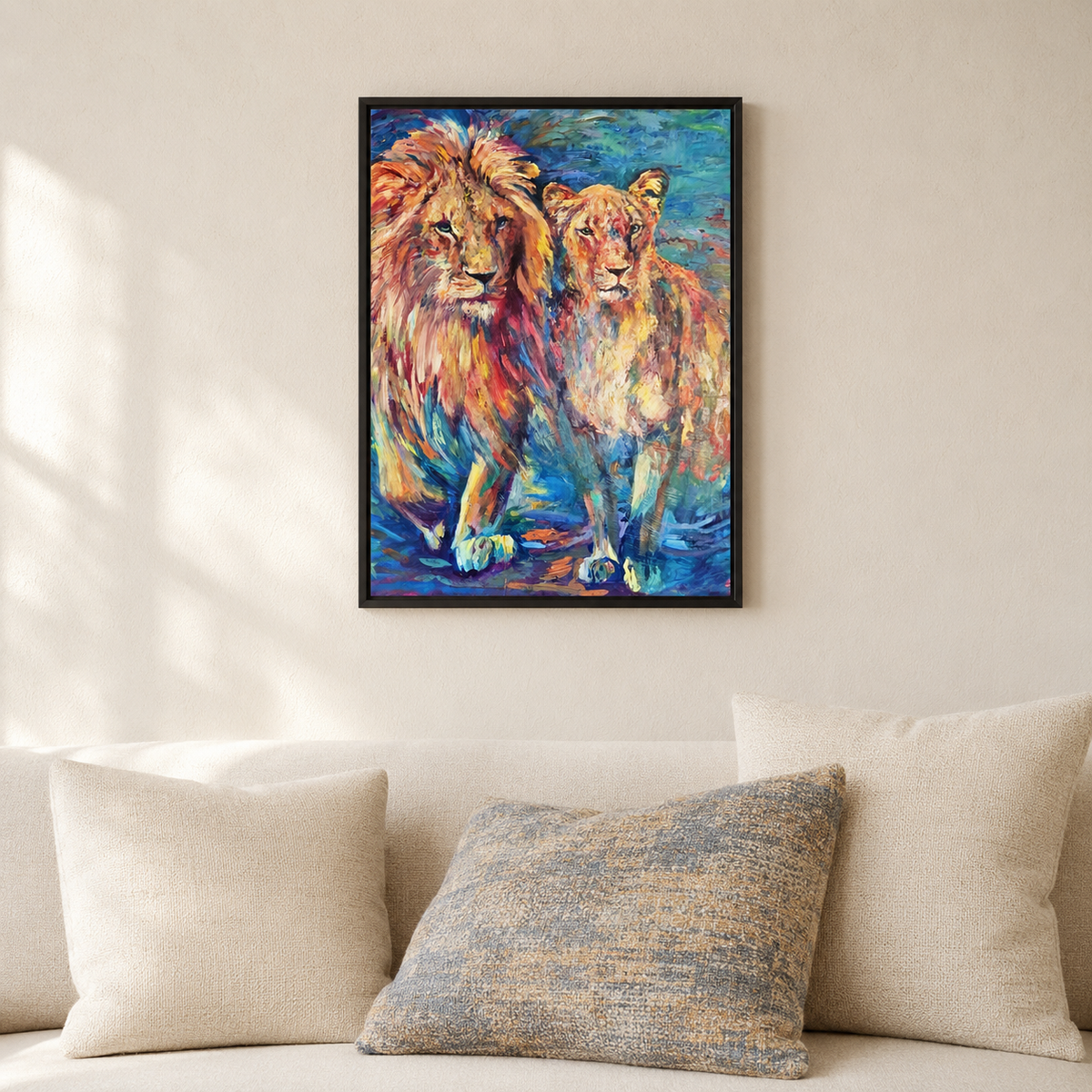 Shared Horizon - Lion Pair Wall Art Framed Canvas Print