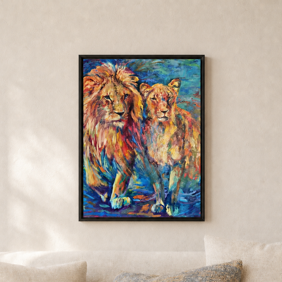 A framed colorful painting of two lions hanging on a beige wall above a sofa with neutral-toned pillows.