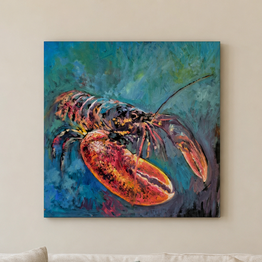 A square canvas wall art print depicting a lobster in a textured blue and green underwater scene, displayed on a beige wall above a light-colored sofa with a pillow.