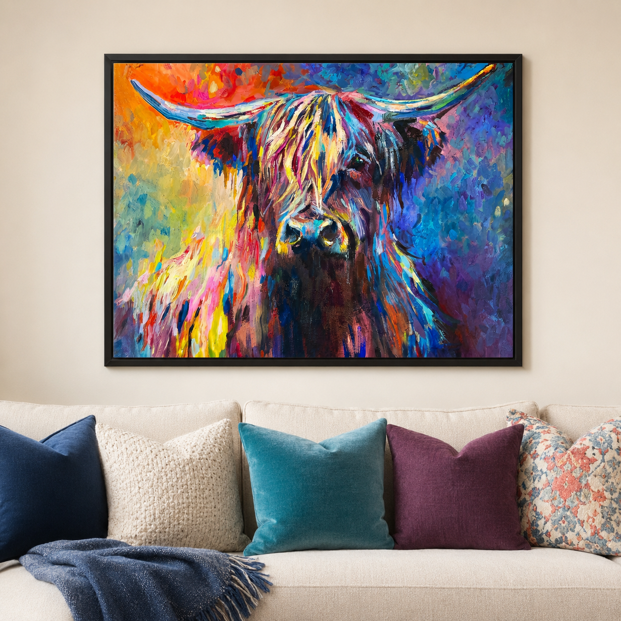 A colorful framed canvas print of a Highland cow painted in a vibrant, textured impasto style, hanging on a beige wall above a white sofa with decorative pillows.