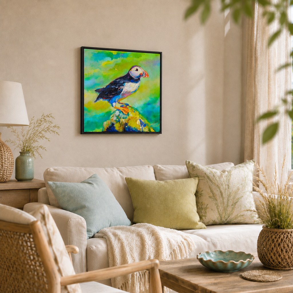 Surveying the Sea - Puffin Wall Art  Framed Canvas Print