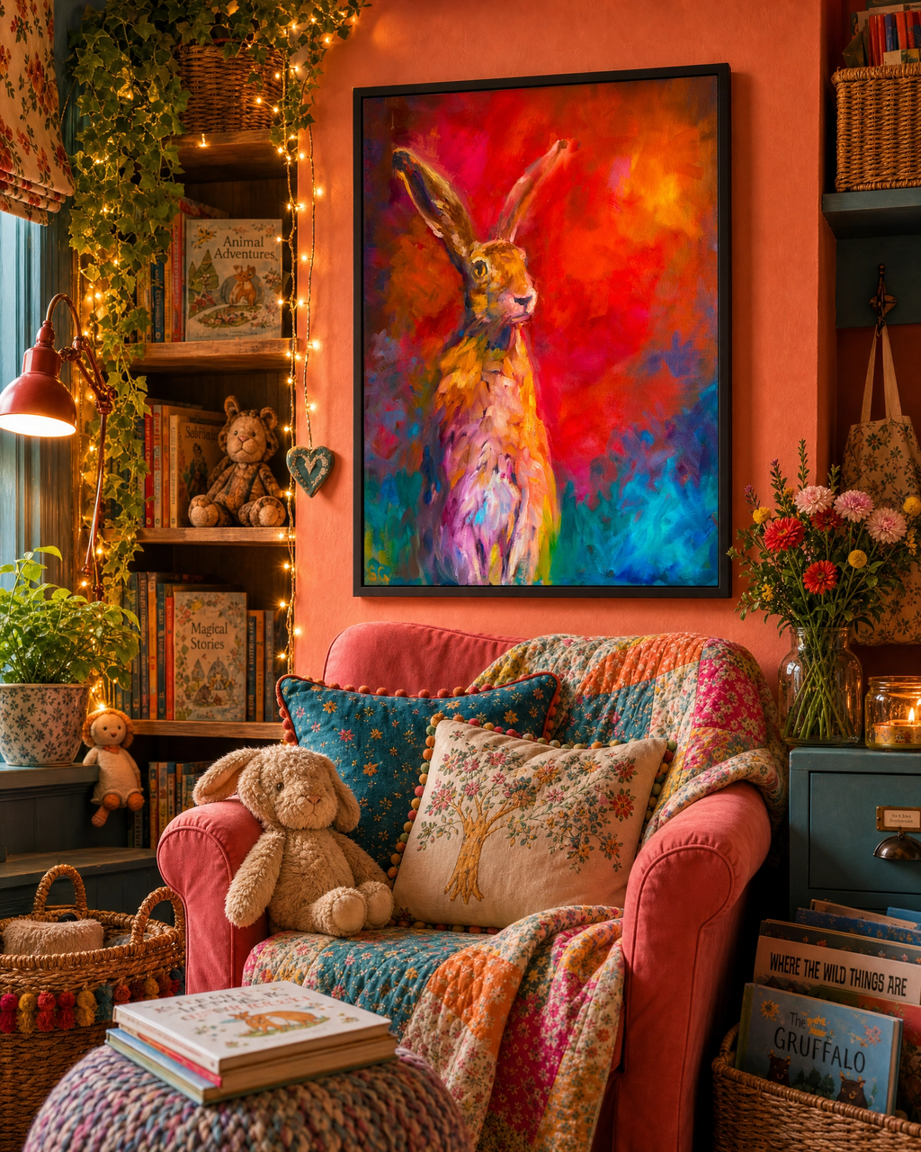 Cozy reading nook with a colorful armchair, childrens books, and a vibrant painting on the wall