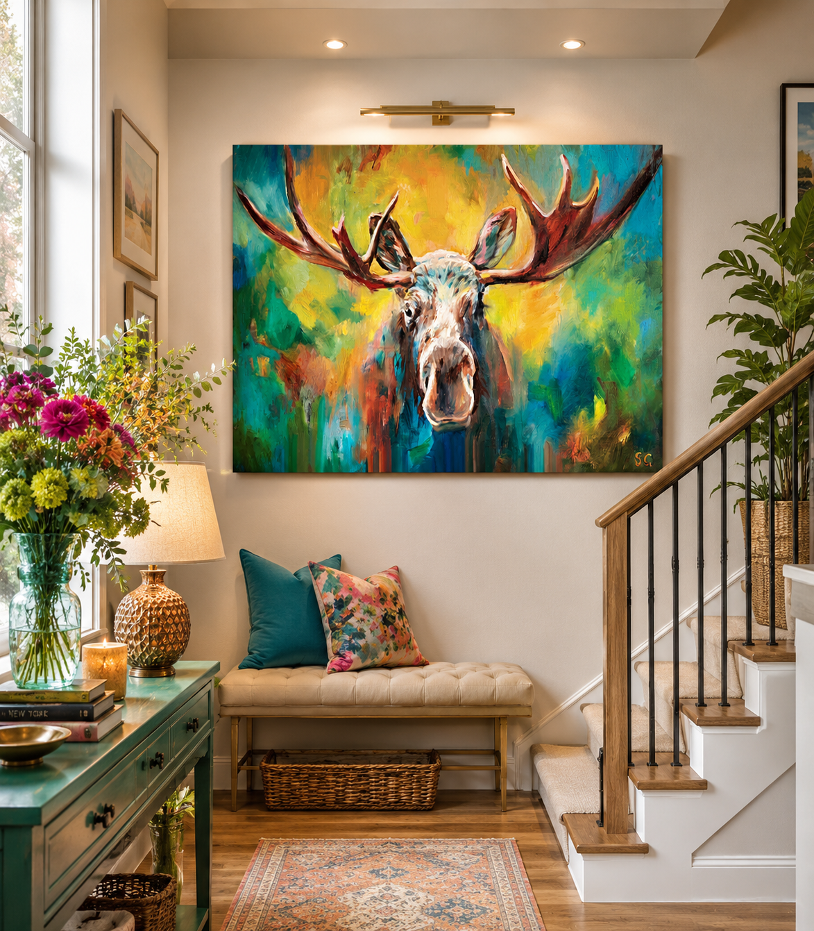 Moose Encounter Canvas - Susan Gardner Uk Wildlife Art - Leicestershire UK