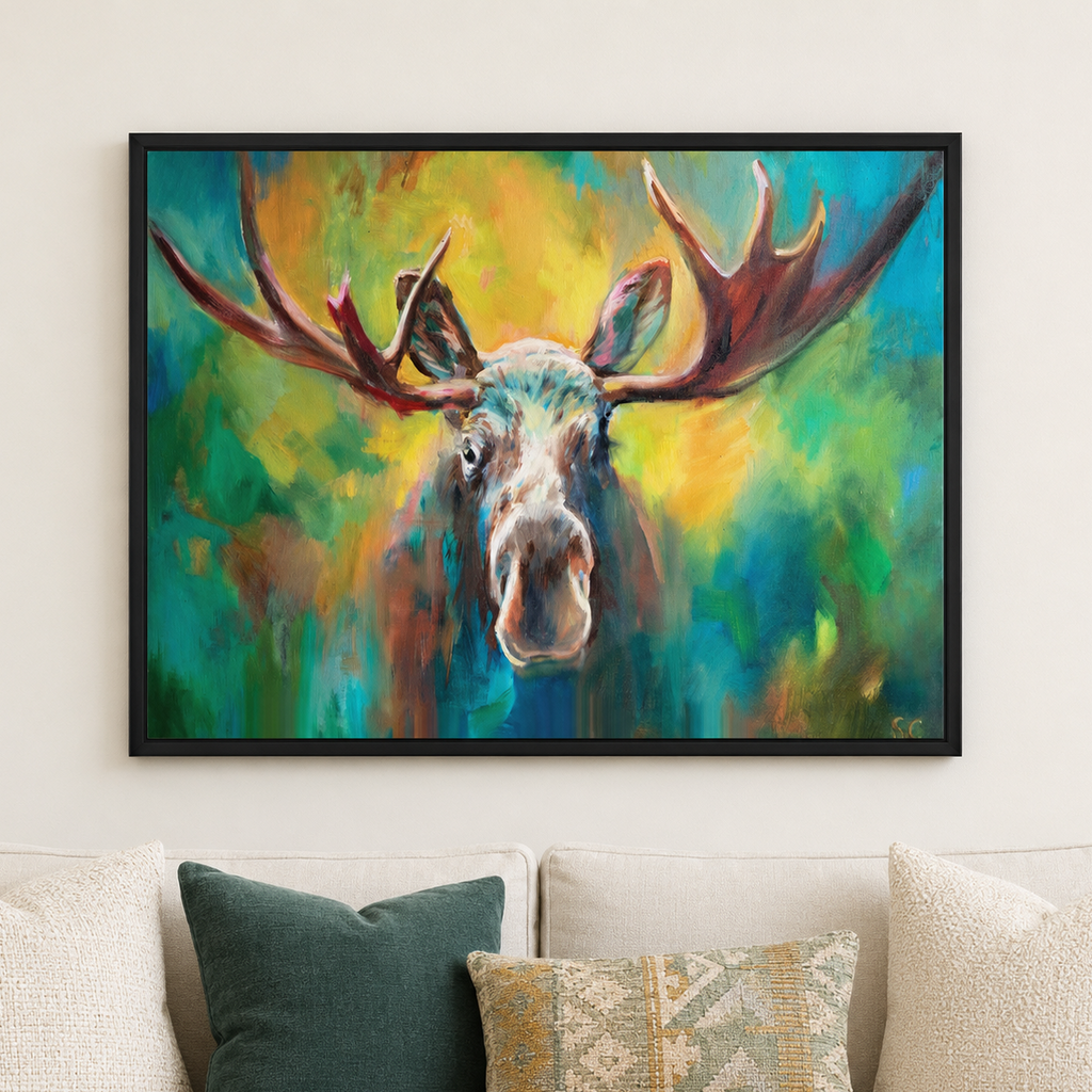 A framed colorful painting of a moose head with large antlers hangs on a light wall above a sofa with cream and green pillows.