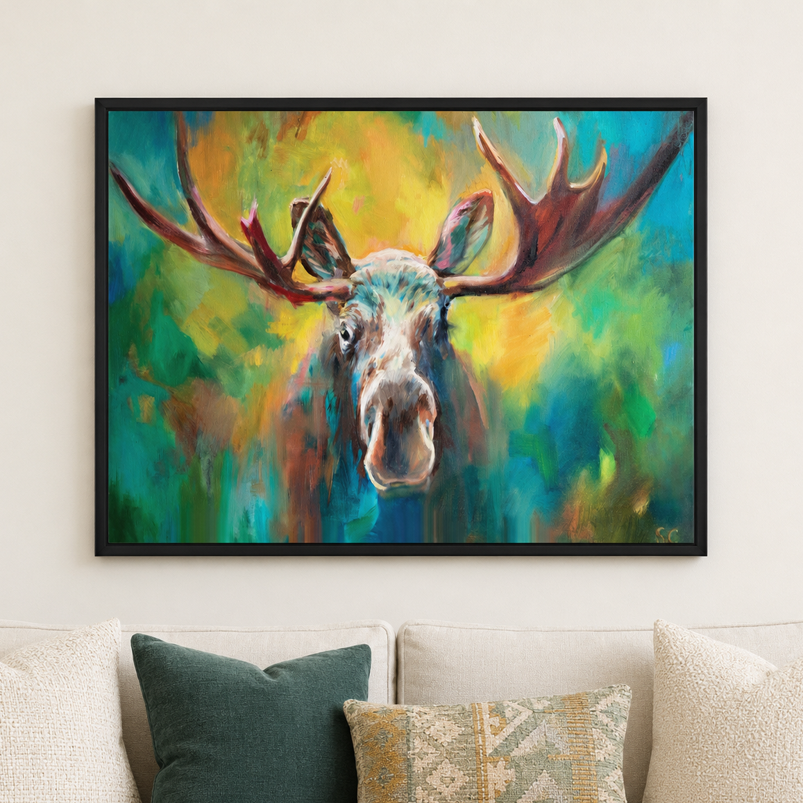 A framed colorful painting of a moose head with large antlers hangs on a light wall above a sofa with cream and green pillows.