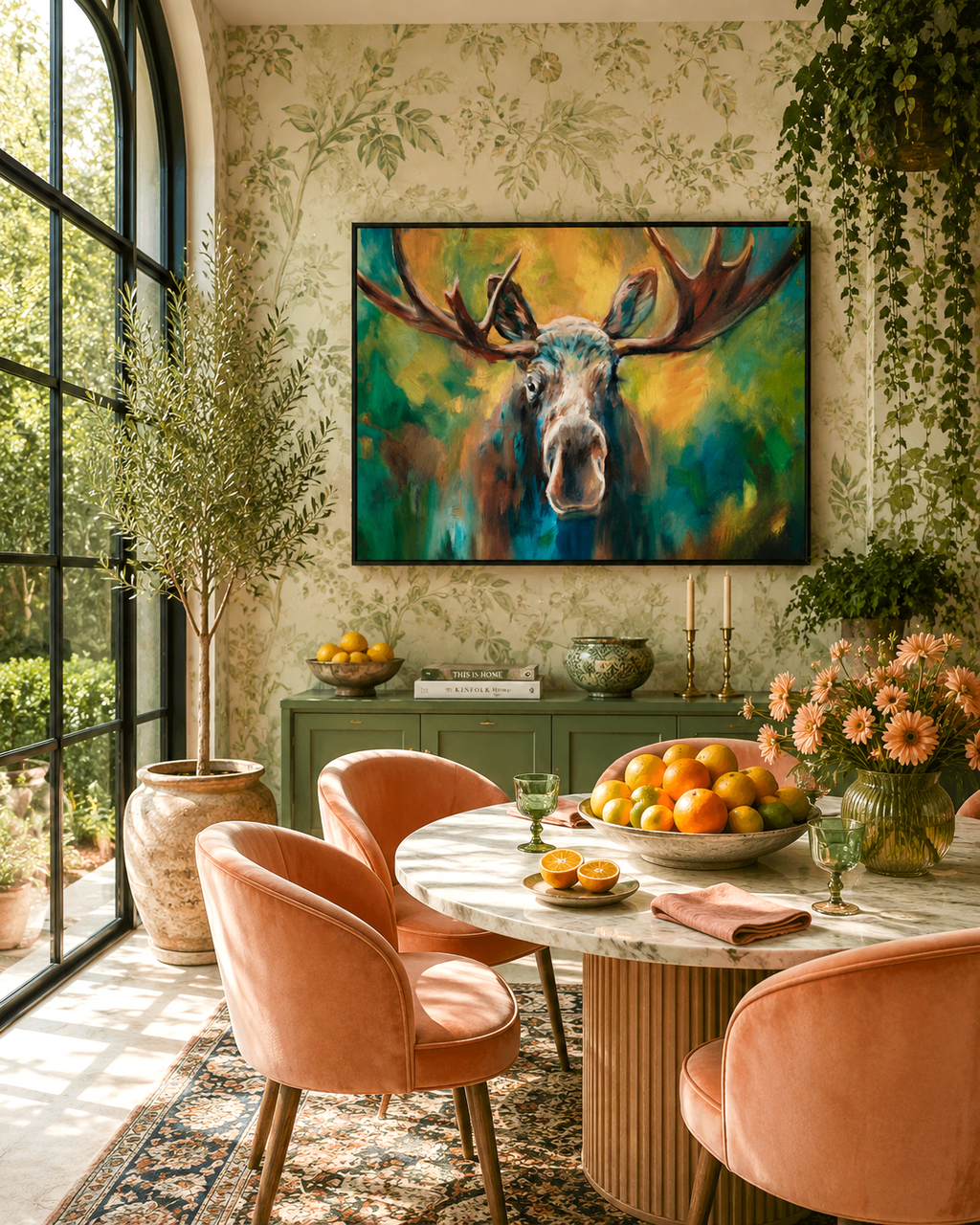 Dining room with pink chairs, a round table, and a large painting of a moose on the wall.