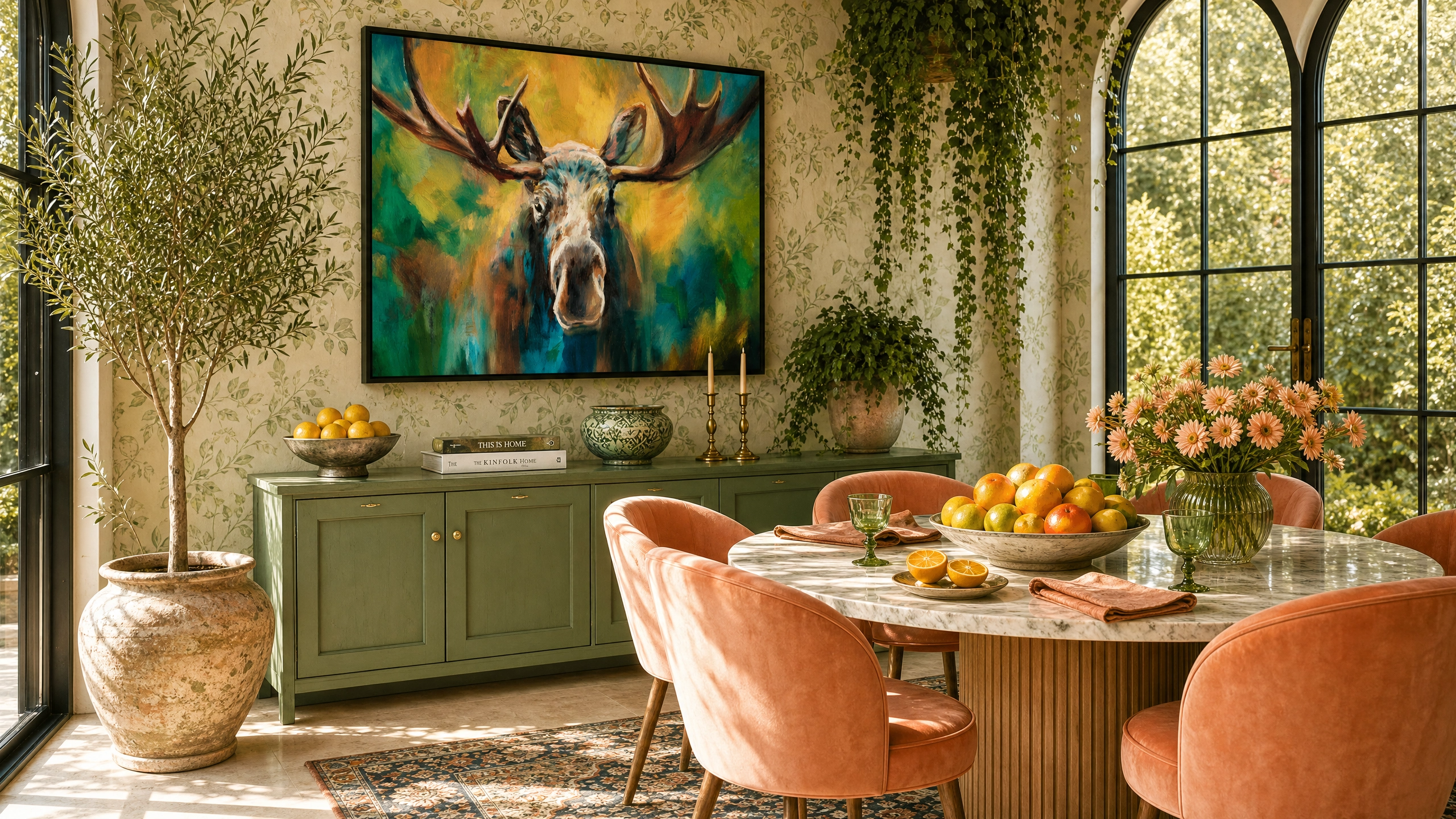 Dining room with a moose painting, potted plants, and a table set for a meal.