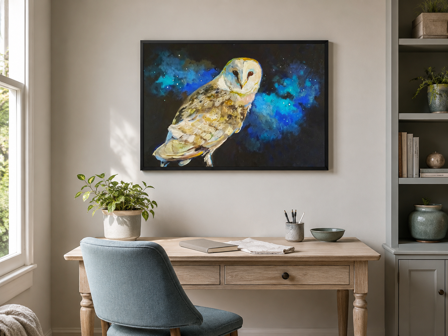 Painting of an owl on a wall above a desk with a chair.