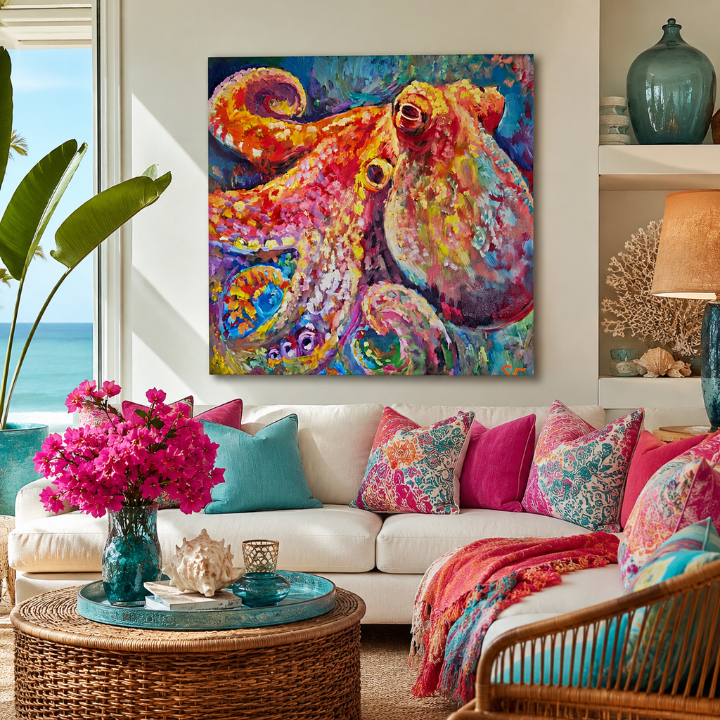 Colorful living room with a large octopus painting on the wall, a white sofa with patterned cushions, and a wicker coffee table.