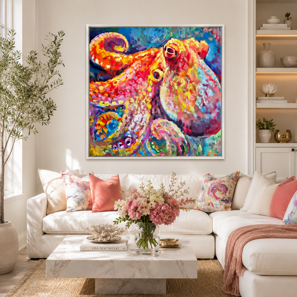 Colorful octopus painting above a white sofa in a living room.