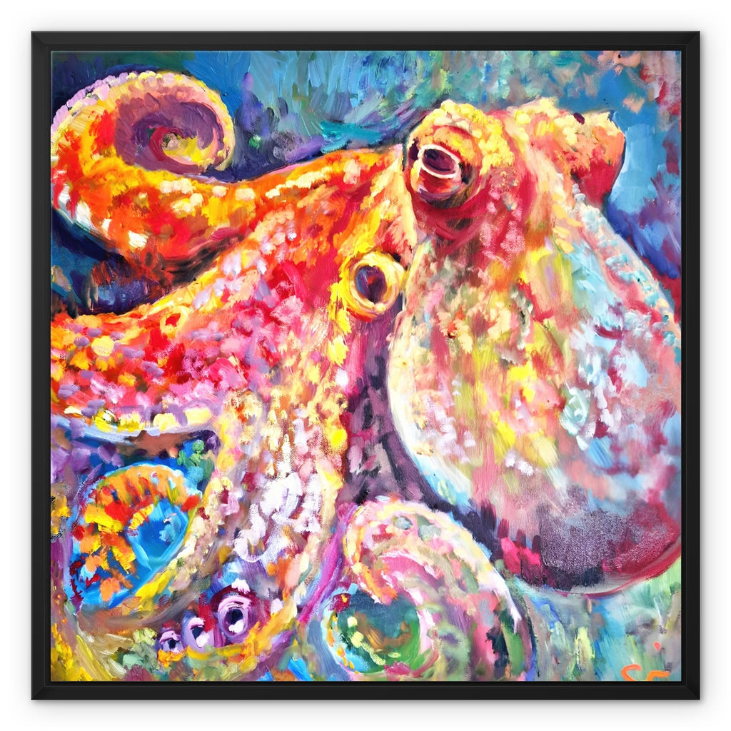A framed colorful painting of an octopus, featuring expressive brushstrokes in red, orange, yellow, pink, blue, and purple, presented in a black frame against a white background.