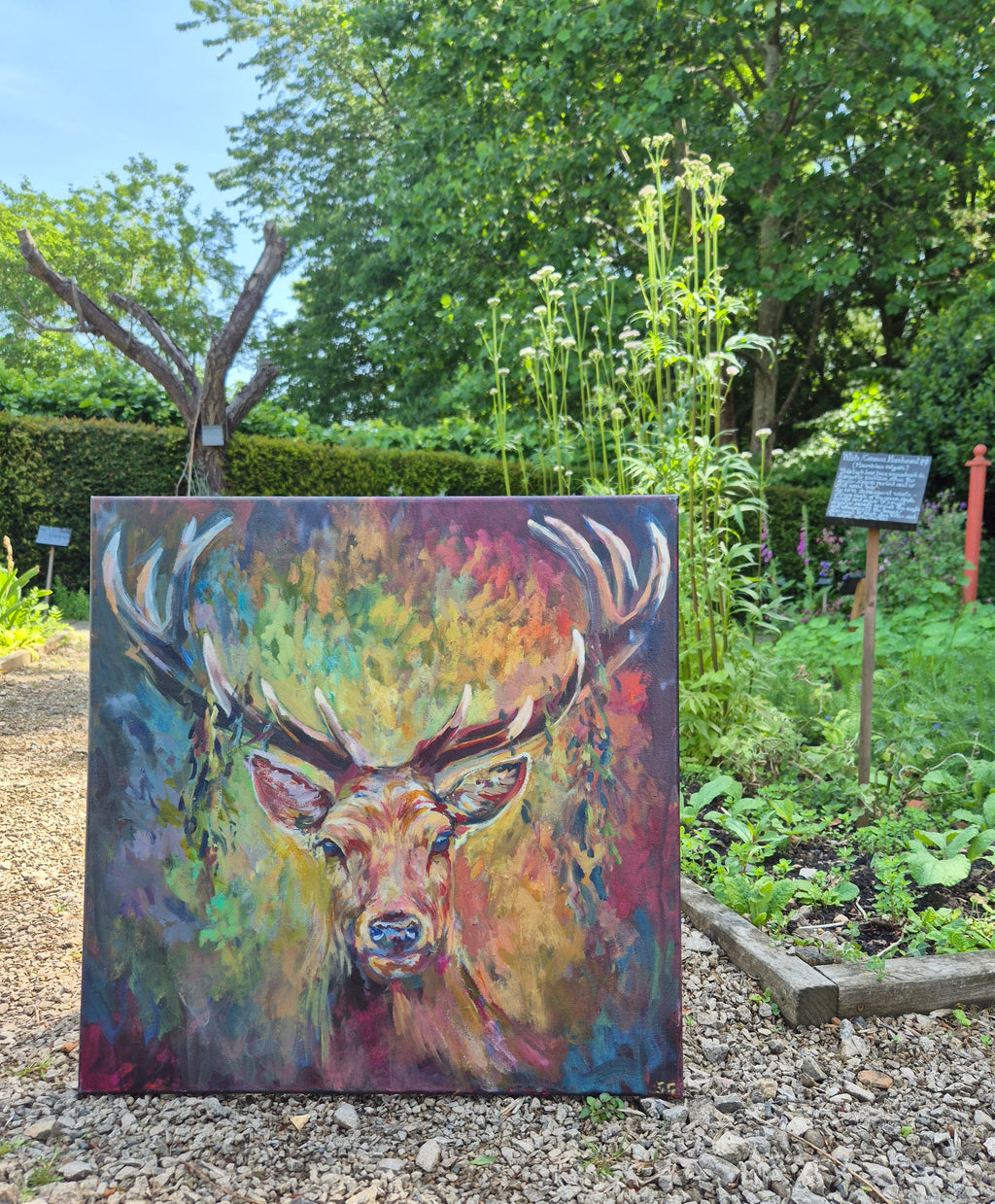 original stag deer painting by susan gardner in an old english country garden setting