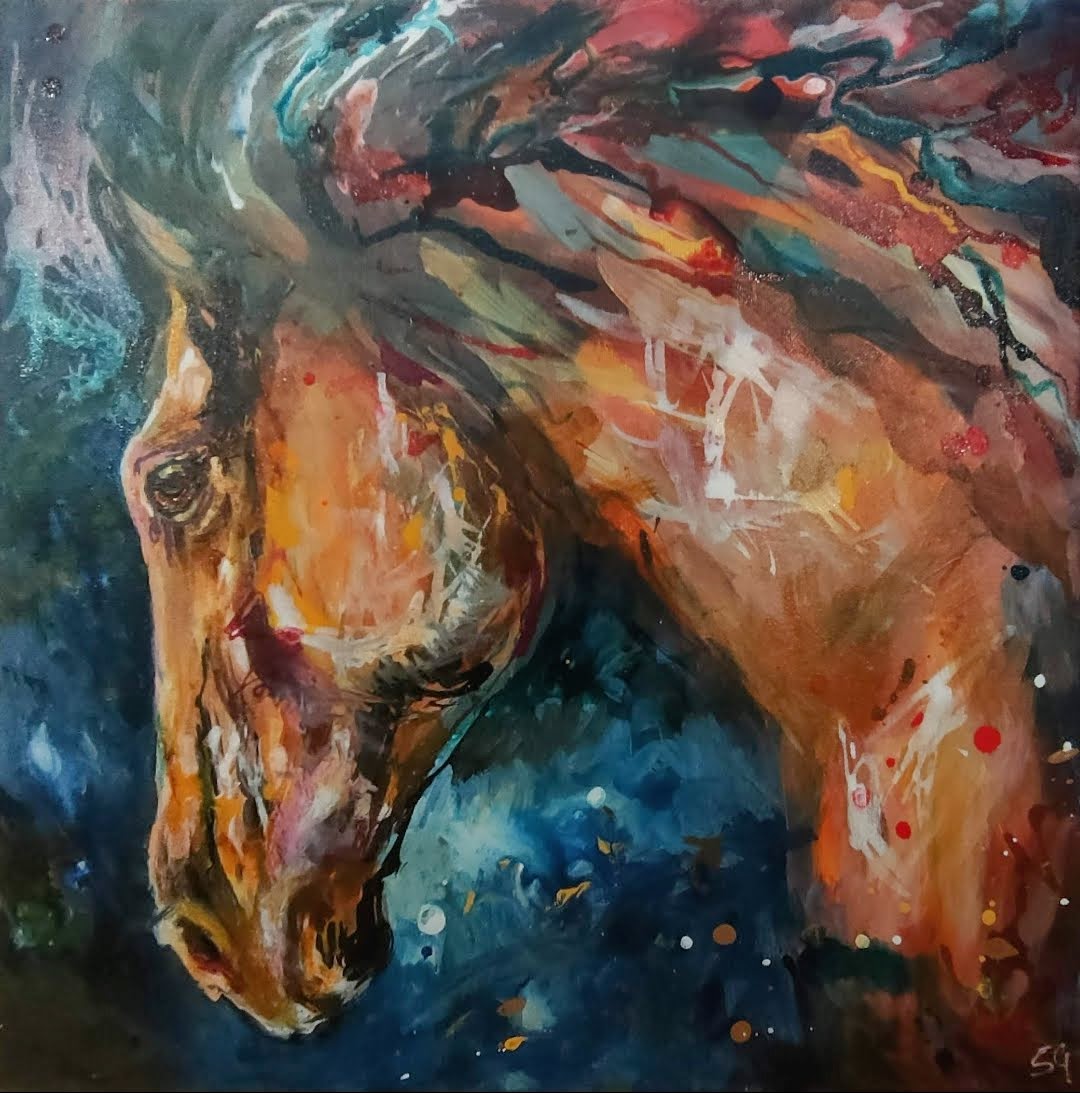 *Sold 'Mazarron' Original Horse Painting in Acrylics - 50 x 50 cm/20 x 20" - Animal Art by Susan Gardner - Contemporary Expressionist - Colourful Fine Art