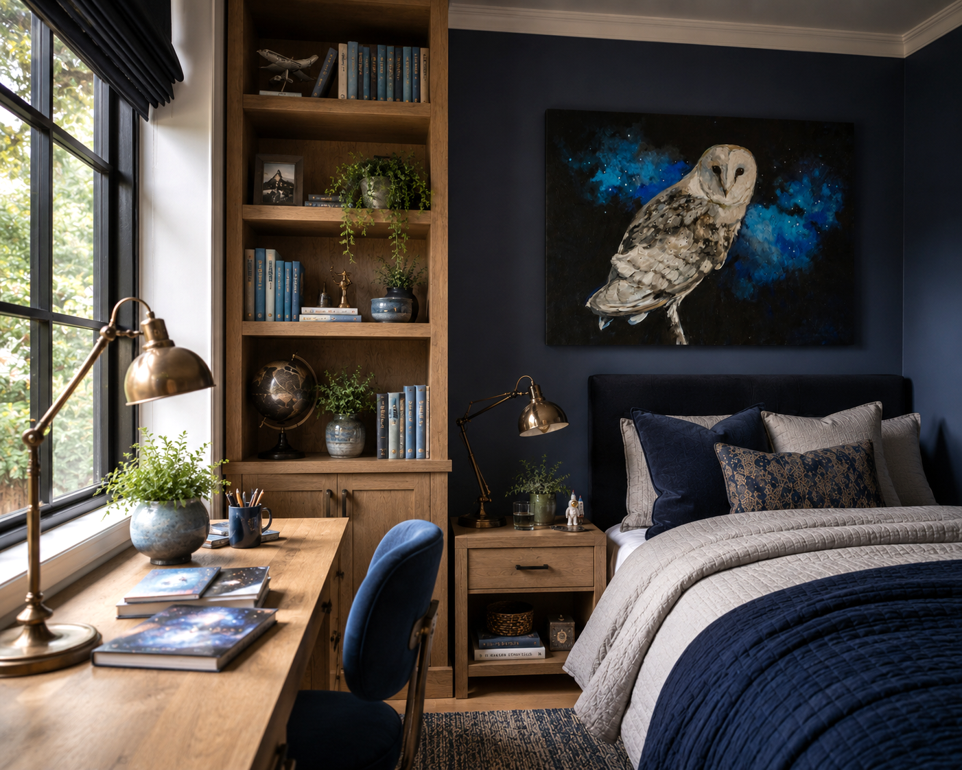 Modern bedroom with a desk, bookshelf, and artwork on the wall.
