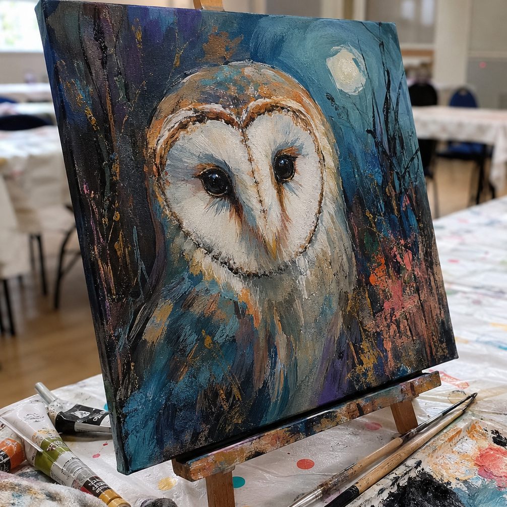A square canvas painting of a barn owl in a dark blue and teal night sky, displayed on a small wooden easel on a paint-splattered table with paint tubes, brushes, and a palette in a studio setting.