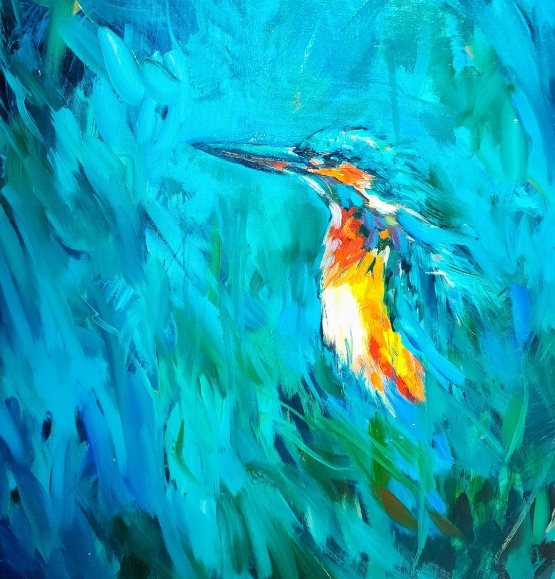 *SOLD* Riverside Sparkle - Original Kingfisher Oil Painting - 50 x 50 cm - Animal Art by Susan Gardner - Contemporary Expressionist - Colourful Fine Art