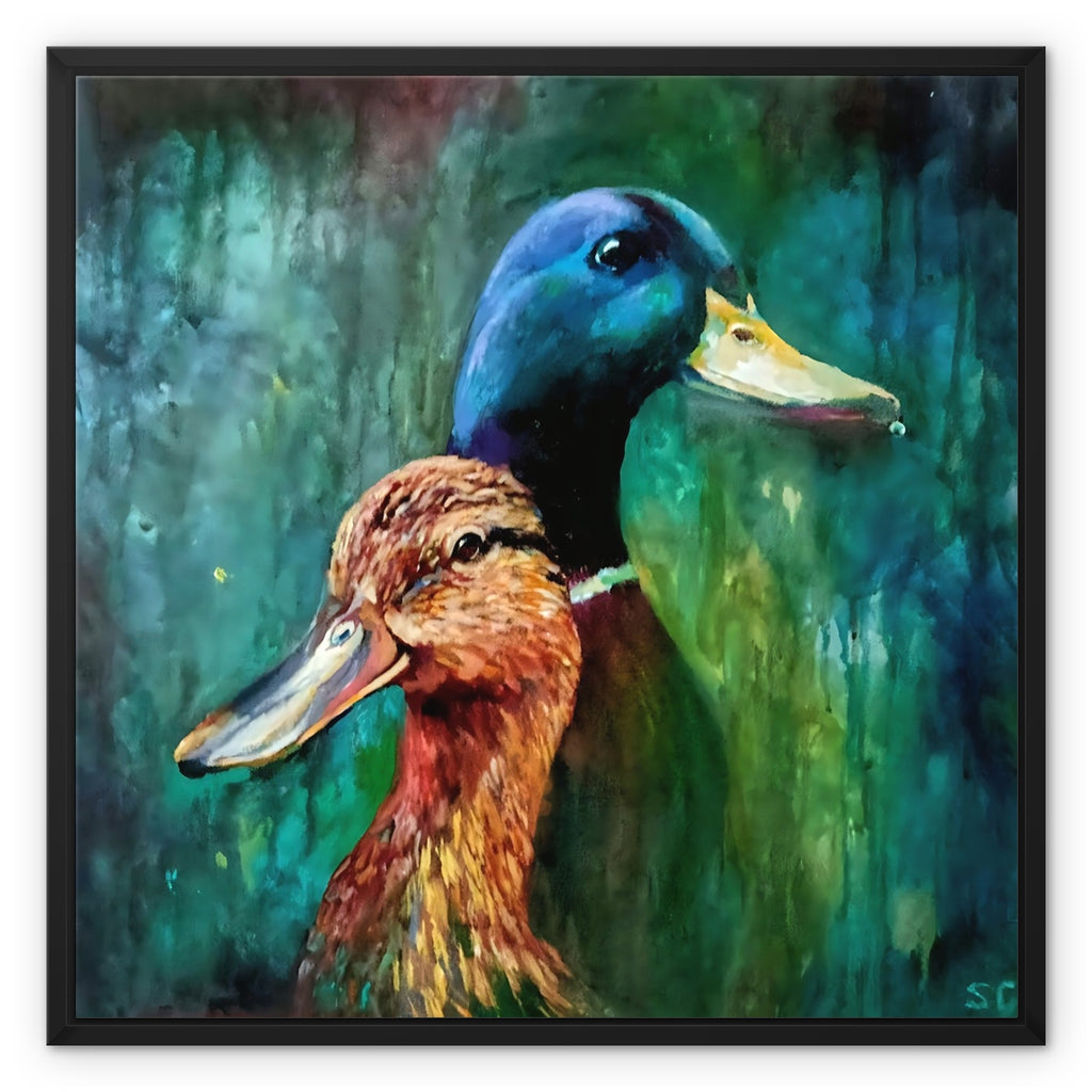 A framed painting of two ducks, one blue-headed mallard and one brown mallard, rendered in an expressive, textured style against a dark green and teal background, enclosed in a black frame.