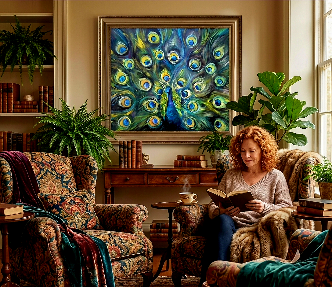 Woman reading a book in a cozy living room with a peacock painting on the wall.