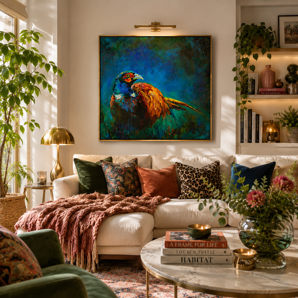 Living room with a colorful painting of a bird on the wall, a couch with patterned pillows, and decorative items.
