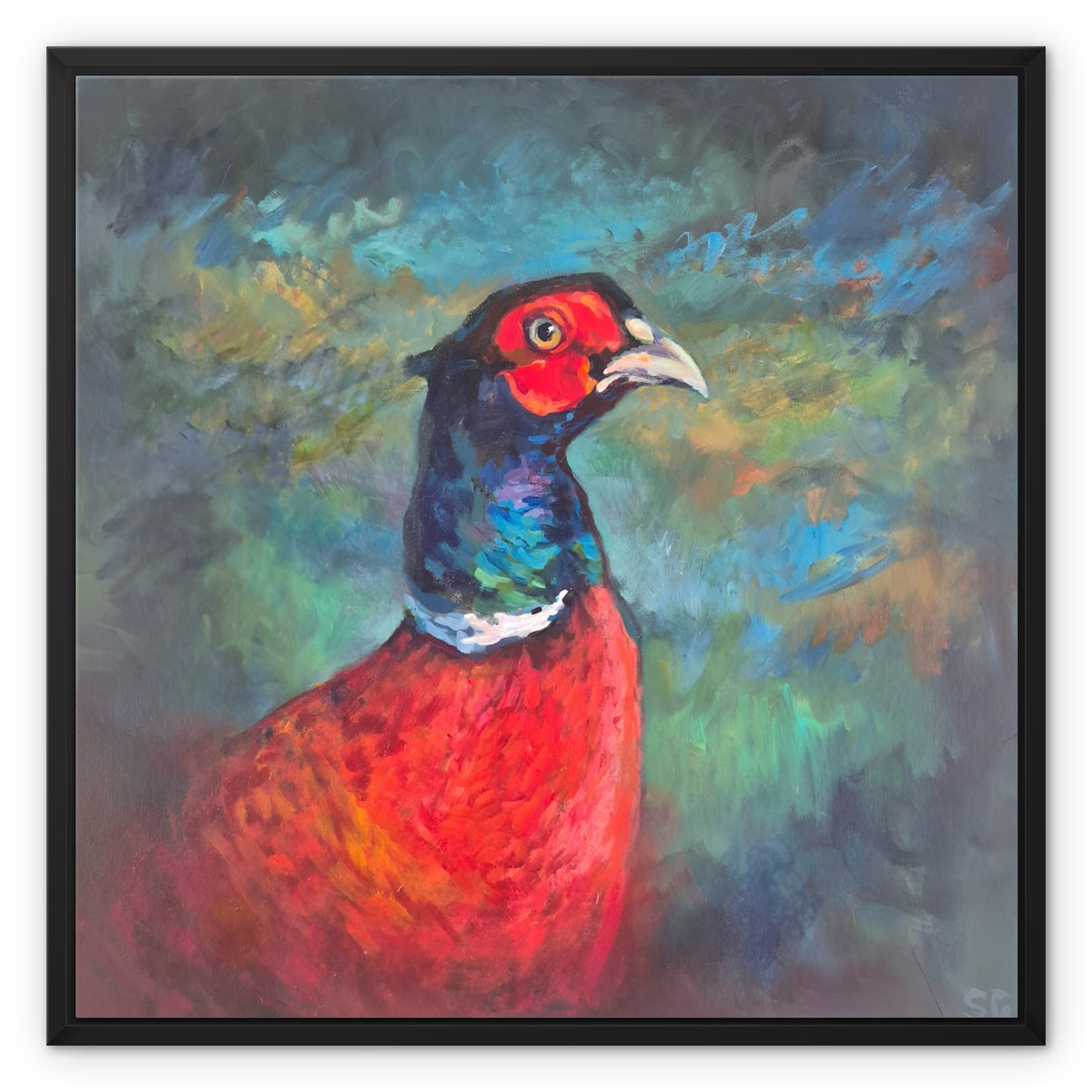 A framed painting of a pheasant bird with a bright red body, dark blue neck, and red face, set against a textured blue and green background, enclosed in a black frame.