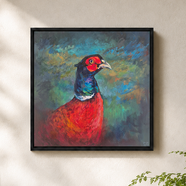 A framed painting of a pheasant with a red body, blue neck, and green and blue background, hanging on a beige wall with soft window shadows.