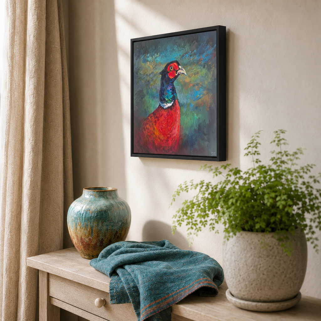 A framed art print of a pheasant bird hanging on a beige wall in a styled room setting with a wooden console table, a blue-green vase, a folded teal blanket, and a potted green plant.