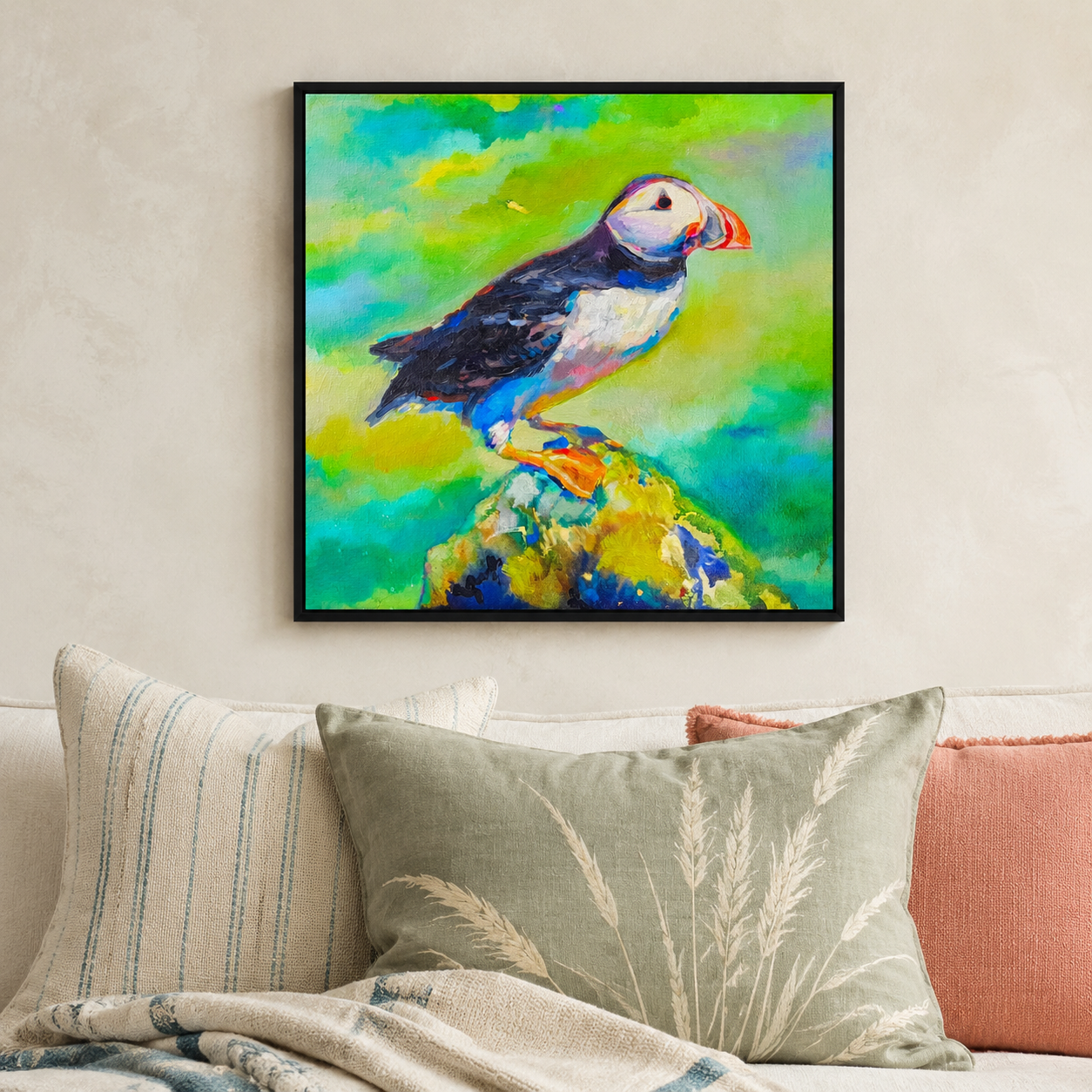 Surveying the Sea - Puffin Wall Art  Framed Canvas Print