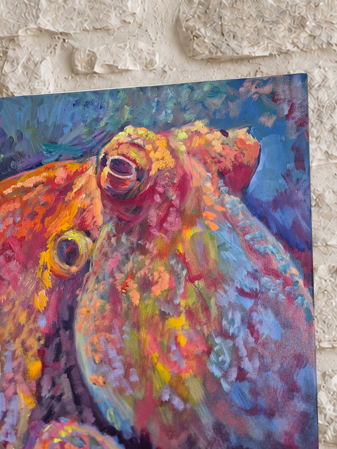 Close-up of the octopus’s head and textured colour in Rainbow Ripple by Susan Gardner.