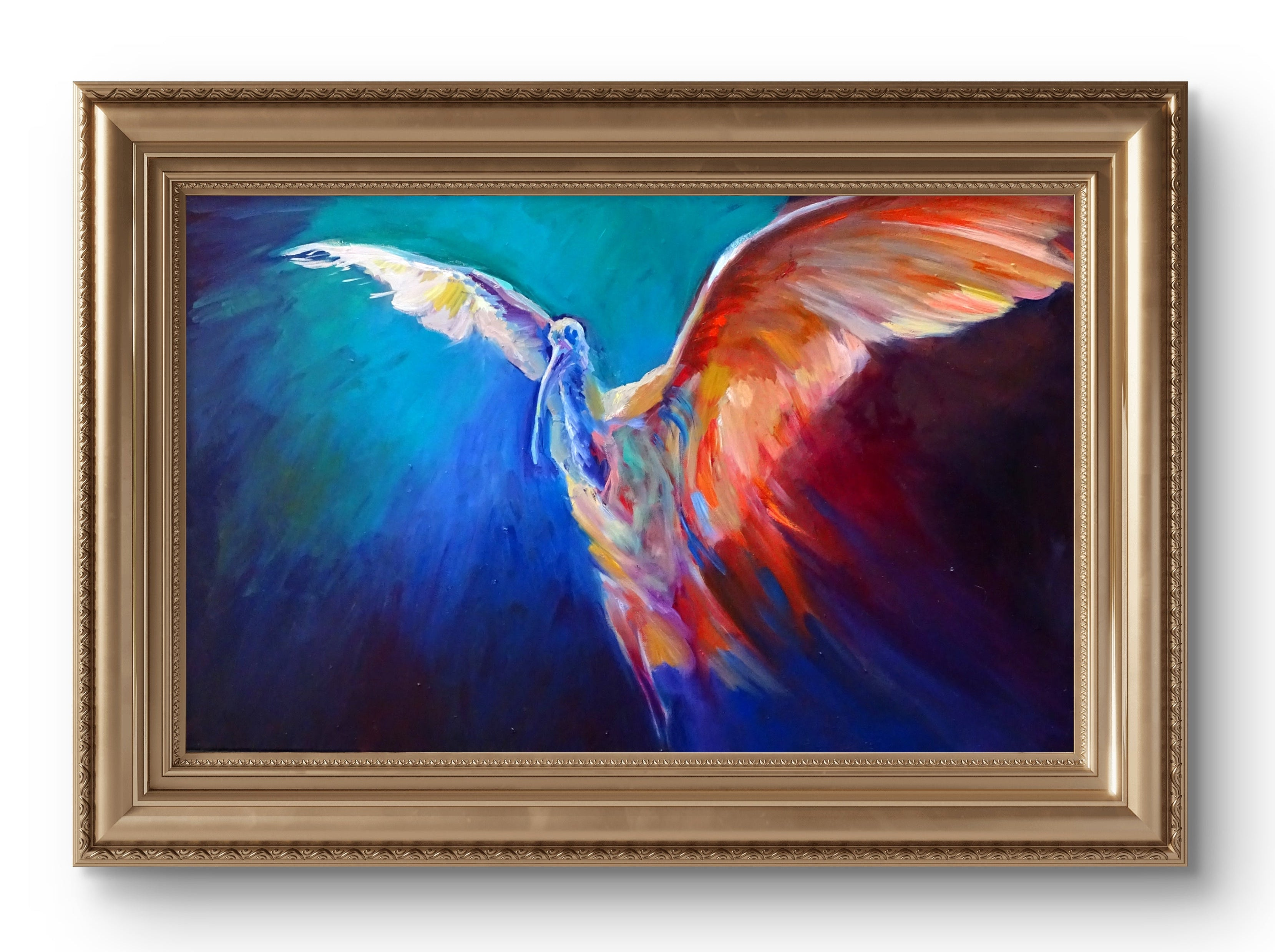 'Wing of Fire' - Scarlet Ibis Oil Painting on Canvas- 50 x 80 cm /20 x 36" - Animal Art by Susan Gardner - Contemporary Expressionist - Colourful Fine Art