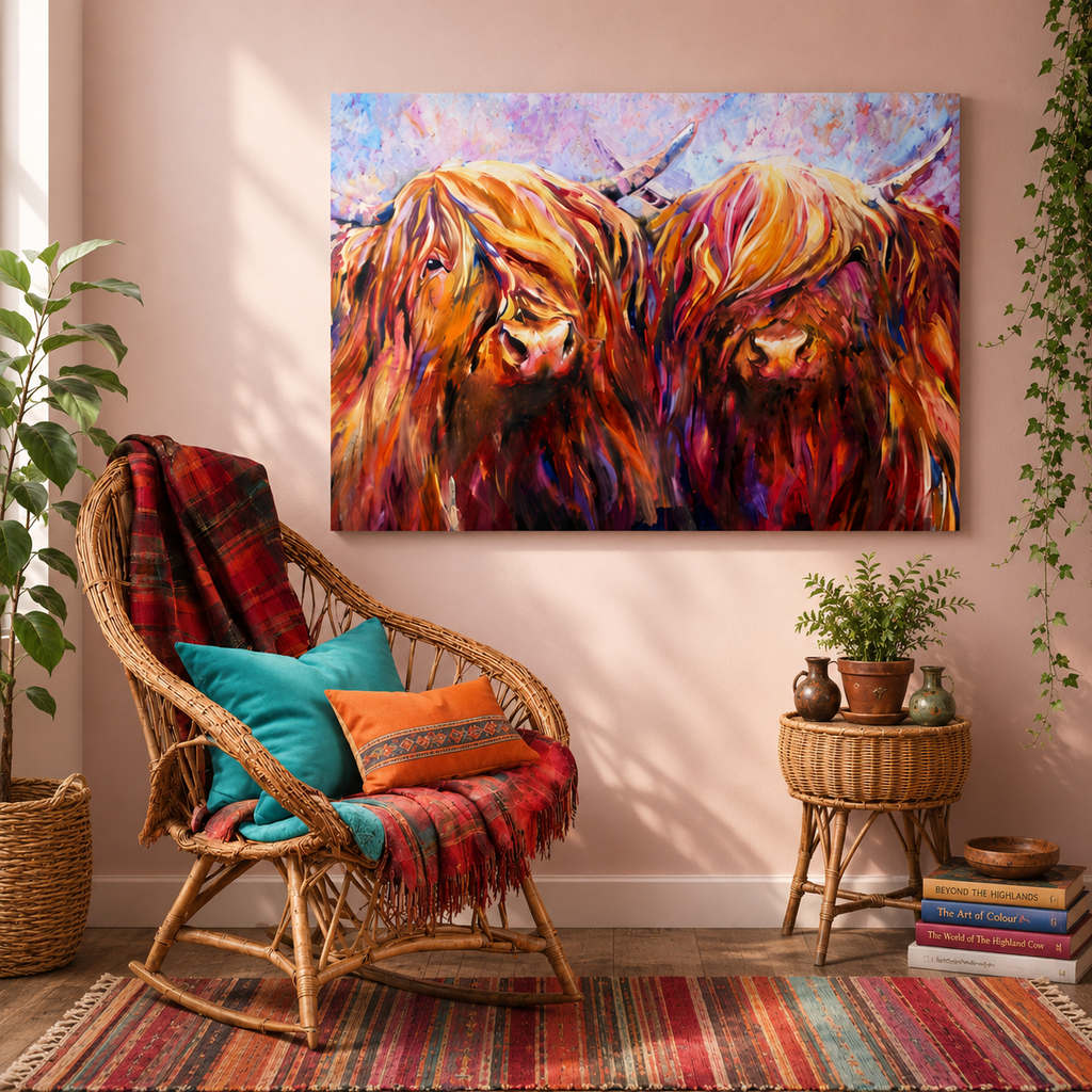 Fiddich and Spey - Highland Cow Couple - Canvas Print. - Susan Gardner Uk Wildlife Art - Leicestershire UK