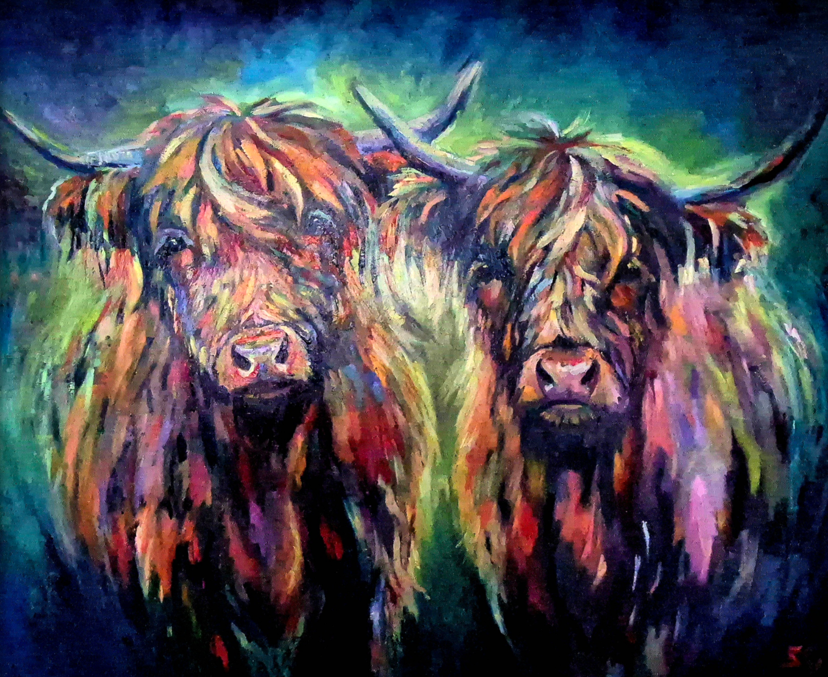 Colorful painting of two highland cows in a gold frame