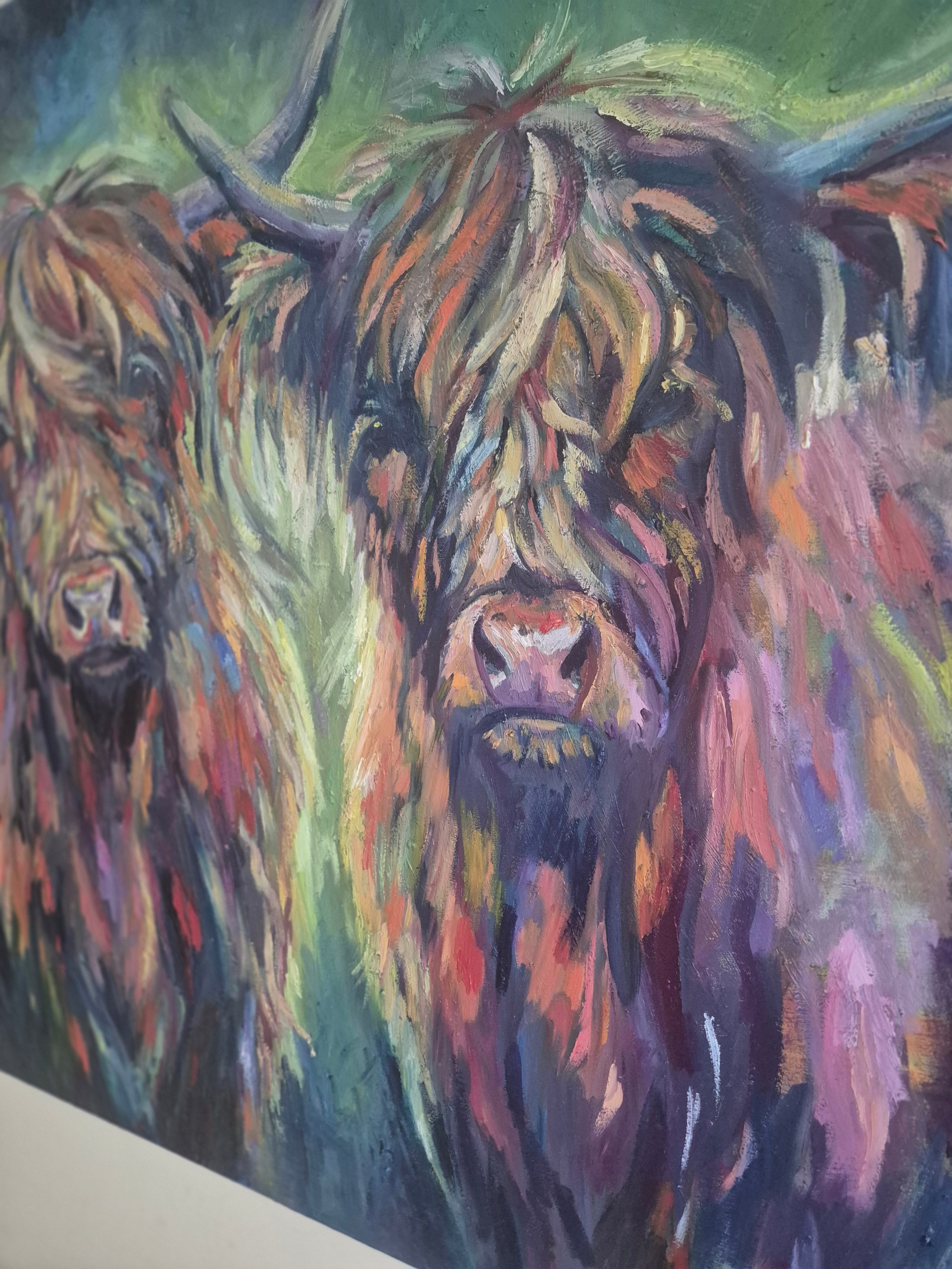 Das Dream Team – Original Highland Cows Ölgemälde 120 x 100 cm