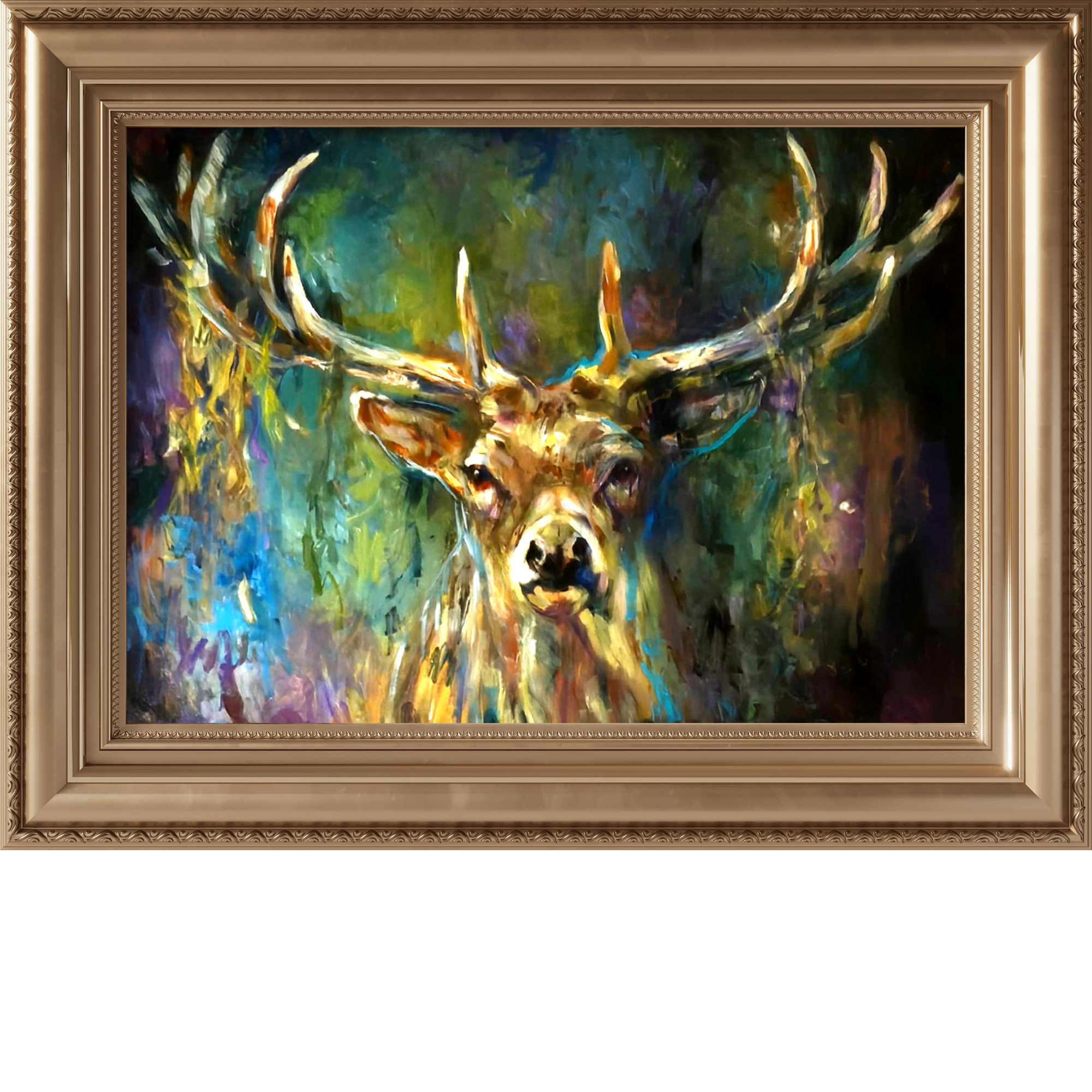 'In the Light' - Original Stag Painting 60 x 80 cm - Animal Art by Susan Gardner - Contemporary Expressionist - Colourful Fine Art