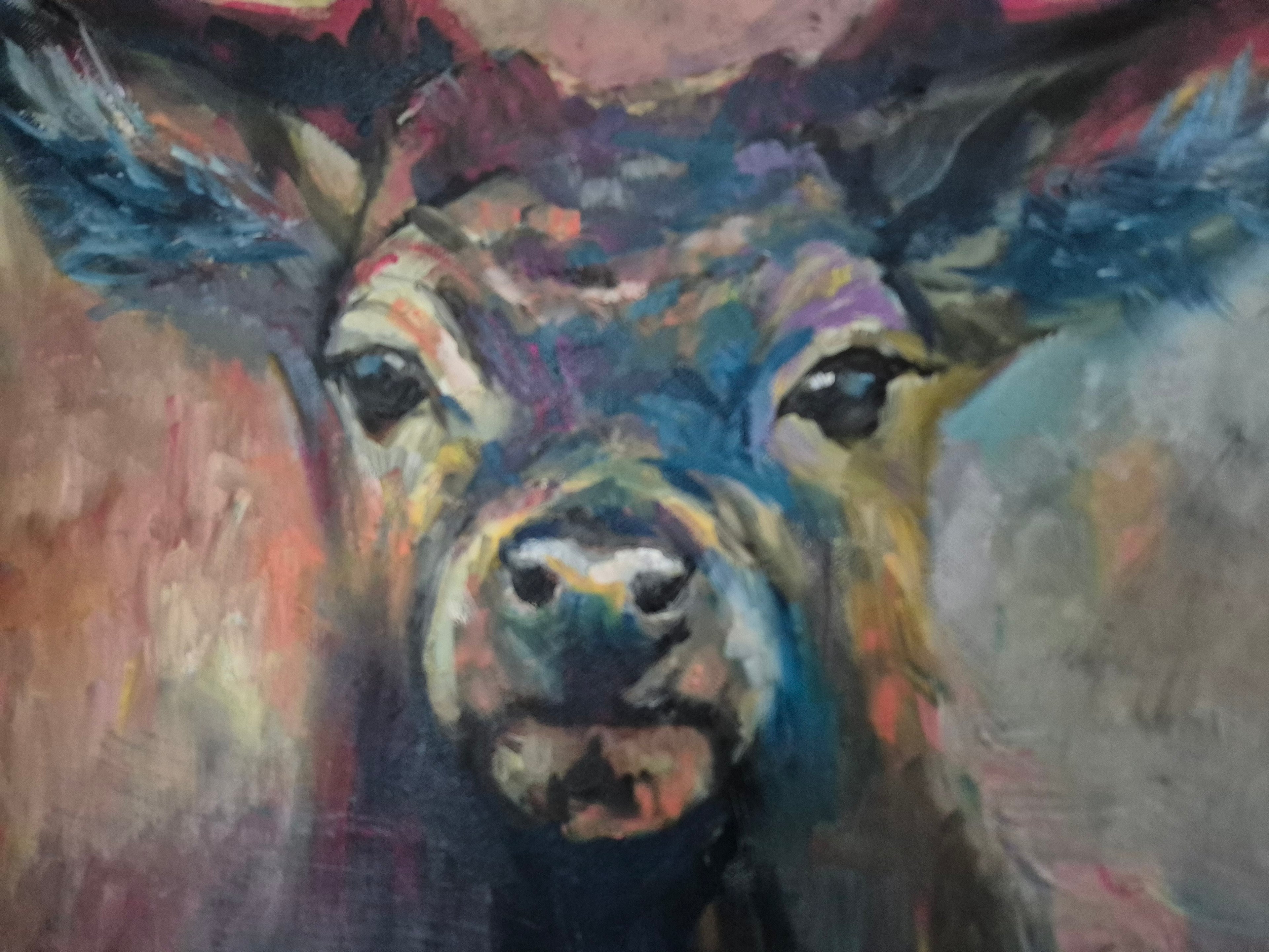 Colorful painting of a deer's face with abstract background