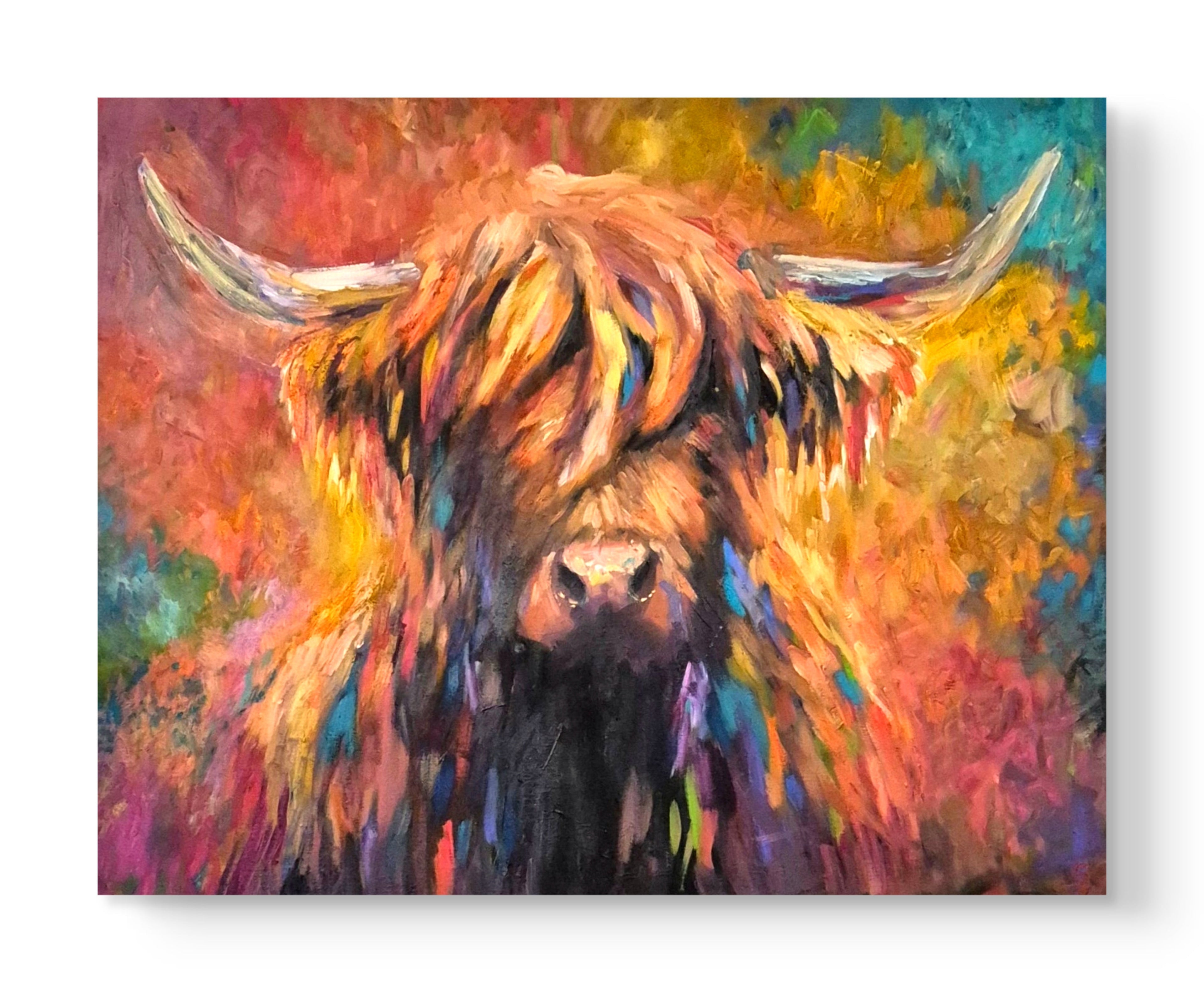 'Aviemore' Original Highland Cow Oil Painting 40 x 28"/76 x 100 cm - Animal Art by Susan Gardner - Contemporary Expressionist - Colourful Fine Art