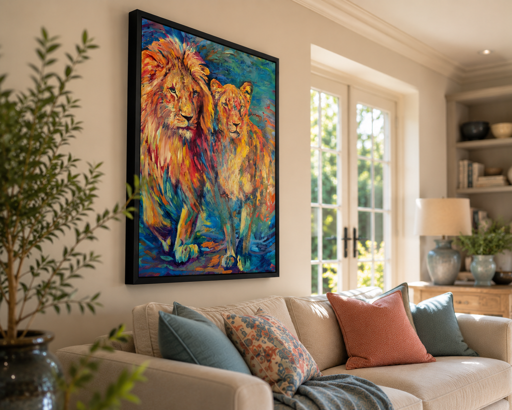 Shared Horizon - Lion Pair Framed Canvas Print