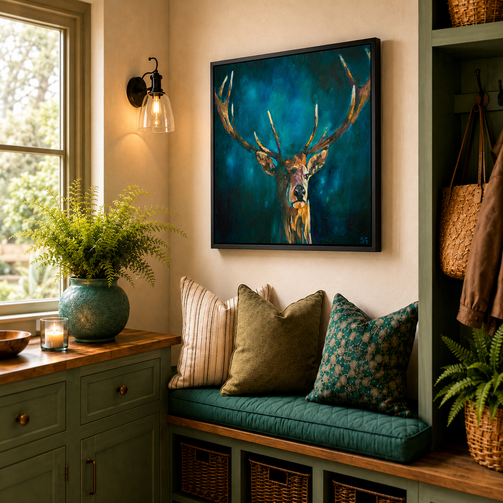 Ink Blue Stag - Deer Wall Art Framed Canvas Print