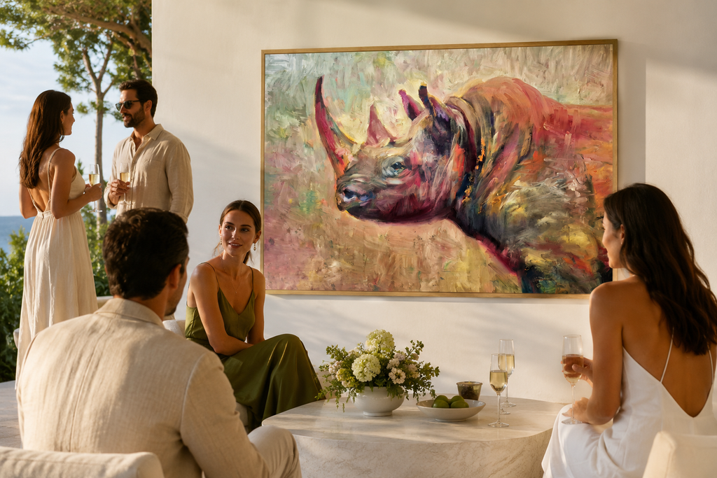 Group of people sitting around a table with a large painting of a rhino on the wall.