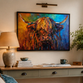 Cozy living room with armchair, bookshelf, and wall art of a colorful bull.