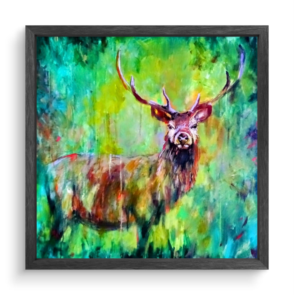 Forest Stag Framed Canvas - Animal Art by Susan Gardner - Contemporary Expressionist - Colourful Fine Art