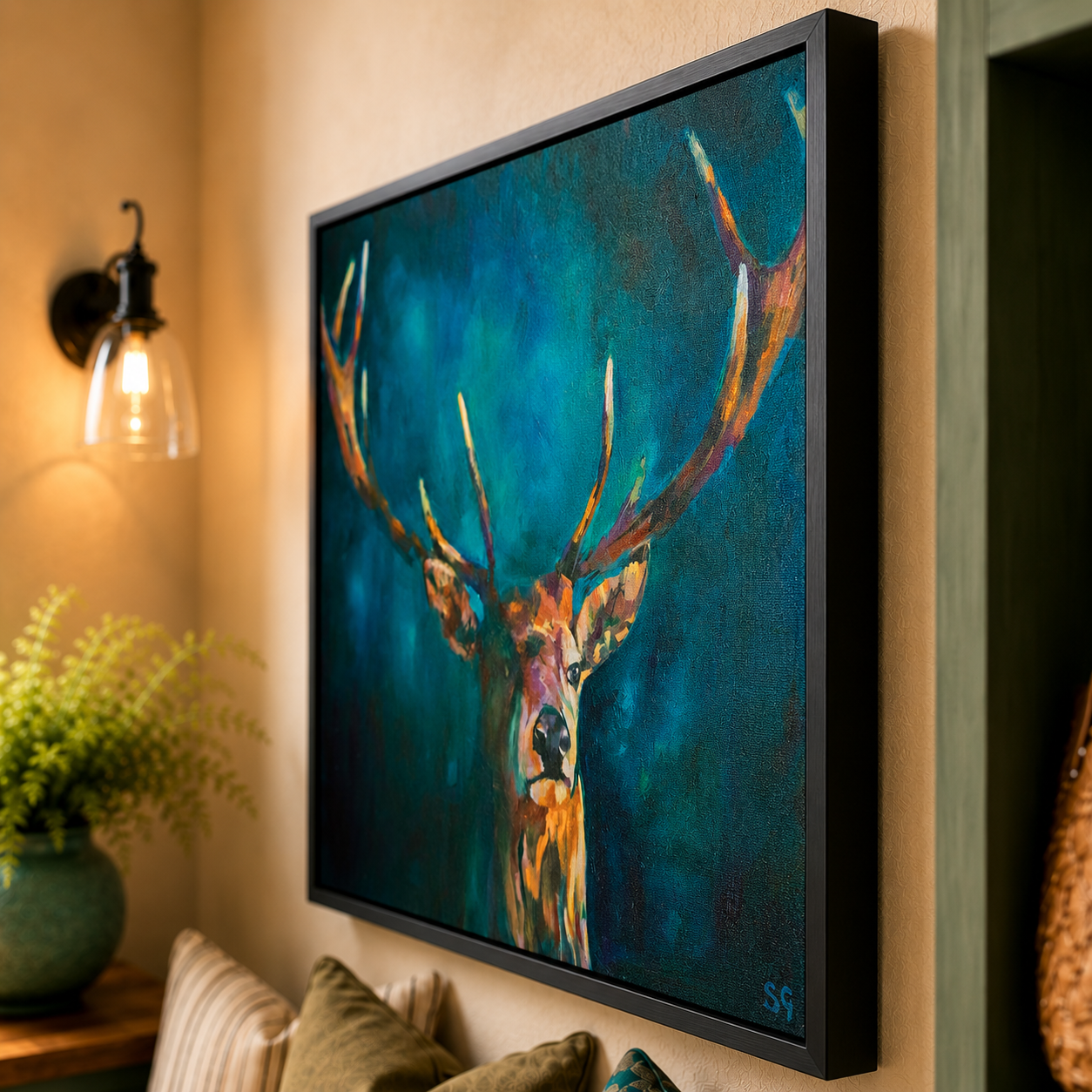 Ink Blue Stag - Deer Wall Art Framed Canvas Print