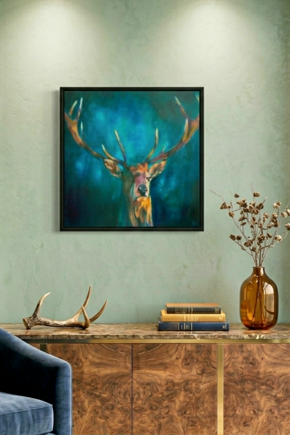 Ink Blue Stag - Deer Framed Canvas - - susan gardner - uk artist - colourful animal art