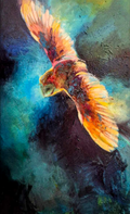 'The Halo of the Gilded Ghost' - 50 x 80 cm/20 x 24" - Original Barn Owl Oil Painting - Animal Art by Susan Gardner - Contemporary Expressionist - Colourful Fine Art