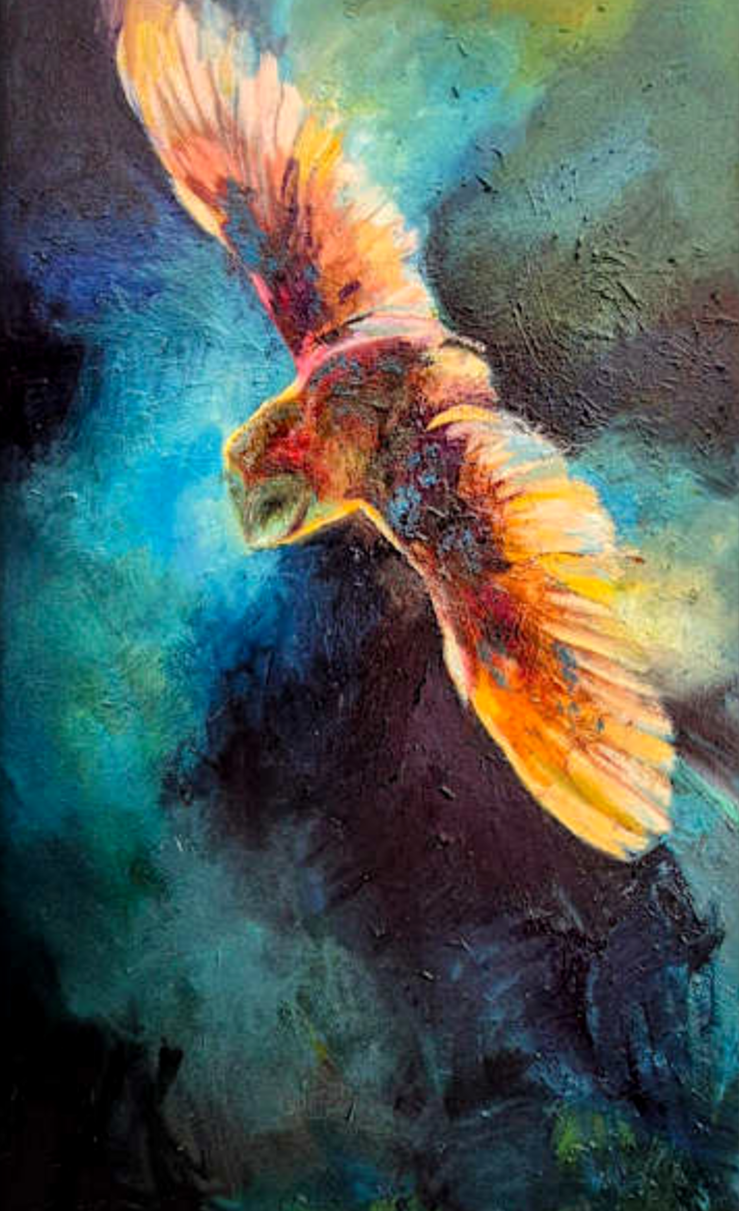 'The Halo of the Gilded Ghost' - 50 x 80 cm/20 x 24" - Original Barn Owl Oil Painting - Animal Art by Susan Gardner - Contemporary Expressionist - Colourful Fine Art