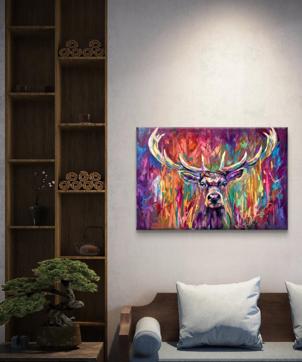 'Crowned in Colour' Original Red Deer Stag Oil Painting. 90 x 60 cm - Animal Art by Susan Gardner - Contemporary Expressionist - Colourful Fine Art