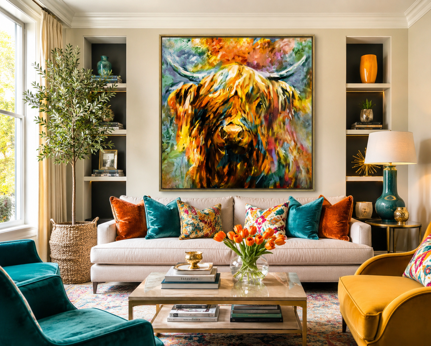 Living room with colorful decor, including a painting of a cow, pillows, and a coffee table.