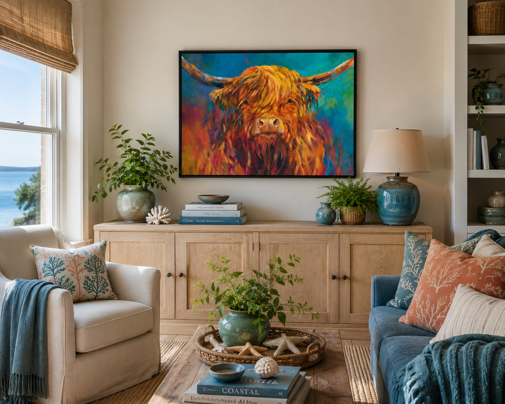 Living room with a colorful painting of a highland cow on the wall.