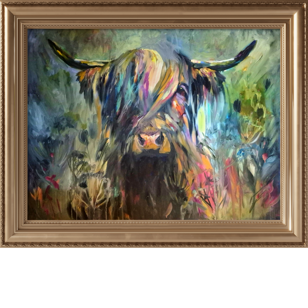 'Caught in the Act' Original Highland Cow Oil Painting. 80 x 100 cm/30 x 40 " - Animal Art by Susan Gardner - Contemporary Expressionist - Colourful Fine Art