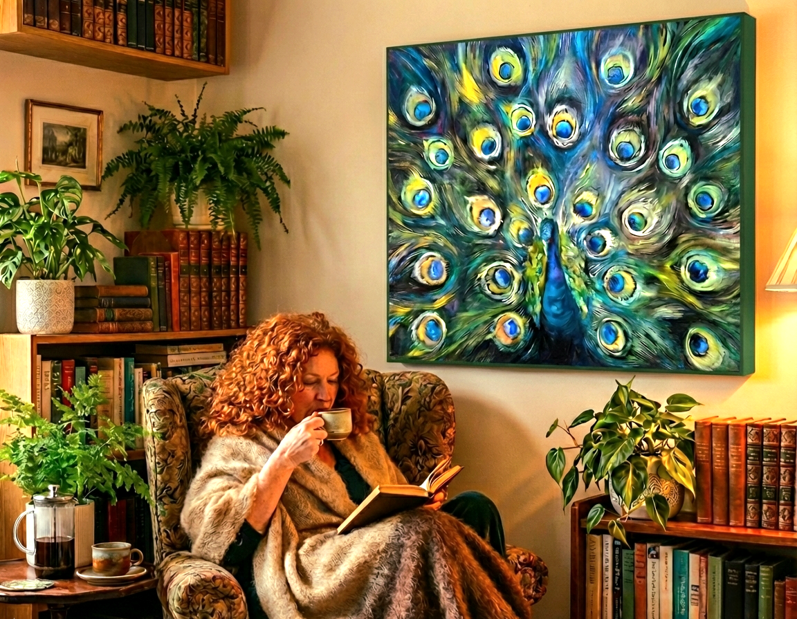 'Sapphire Dandy' - Original Peacock Oil Painting - 100 x 130 cm/ 40 x 44" - Animal Art by Susan Gardner - Contemporary Expressionist - Colourful Fine Art